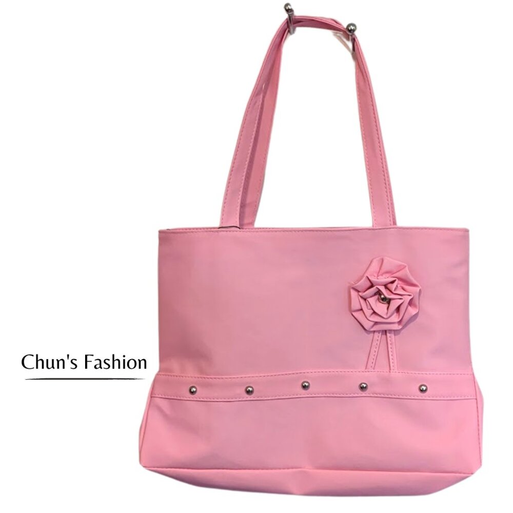Women's Vegan Pink Faux Leather Hand Bag with Flower & Silver-Tone Studs NWT